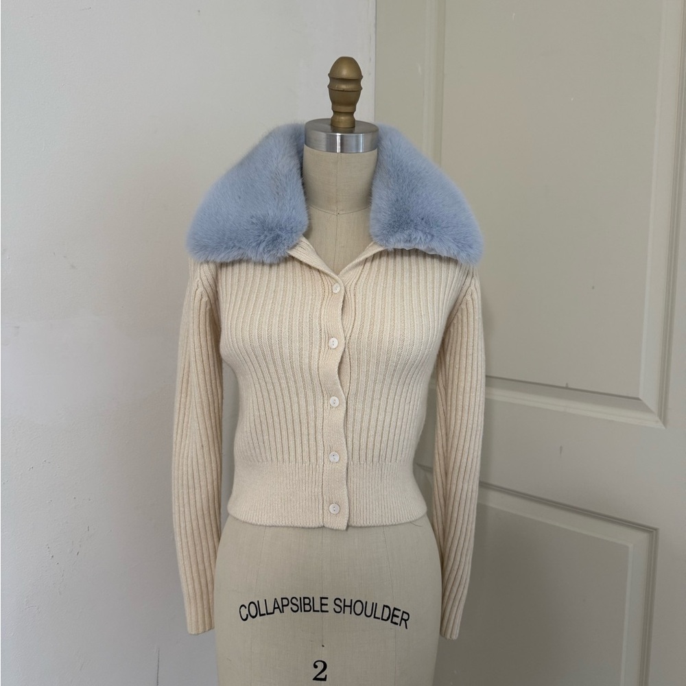 Zara Cream Cardigan with Blue Faux Fur Collar